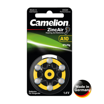 Camelion Hörgerätebatterie 6 Stück (1 Blister) Typ 10 Zinc Air P10 PR70 ZL4 Batterie für Hörgerät, Hörverstärker, Hörhilfe A 10 Gelb