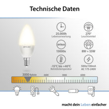 ARCAS LED Lampe – LED Glühbirne / Kerze C37 / E14 / 8W entspricht 55W Glühlampe / 700 Lumen / warm weiß (3000K)
